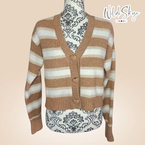 WILD SKYE Tan & Cream Striped Hearr Button Cardigan- XSmall